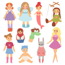 Different Dolls Fashion Young Clothes Character Game Dress Clothing Childhood Vector Illustration
