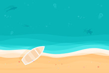 From Above Summer Holiday Background With Boat On The Tropical Island Sandy Beach. Top View Vector Illustration.