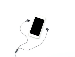 smart phone with black earphone on white background.