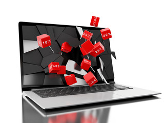Poster - 3d Broken laptop screen with discount icons