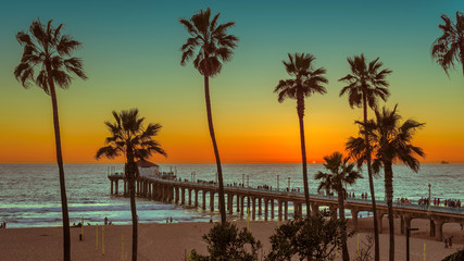 Palm trees at Manhattan Beach at sunset. Fashion travel and tropical beach concept. 