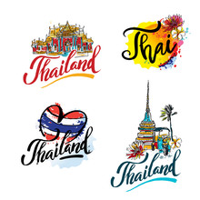 A Vector Illustration Of Hand Drawn Elements For Traveling To Thailand, Concept Travel To Thailand. Lettering Logo Set