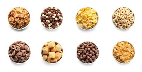 Poster - Bowls with different kinds of cereal breakfast on white background