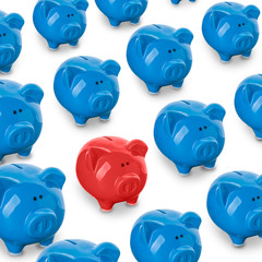 Poster - Red piggy bank being different from others on white background