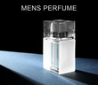 Men's perfume. Bottle of cologne and text on black background