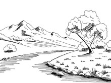 Mountain River Graphic Black White Landscape Sketch Illustration Vector