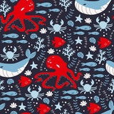 Fototapeta Pokój dzieciecy - Cute Pattern with Octopus, Whale, Fish and Crab.