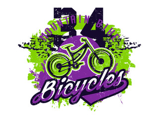 Wall Mural - Vector illustration on the theme of mountain biking, extreme sports, downhill, freeride. Grunge effect, text, lettering. Typography, T-shirt graphics, print, banner, poster, flyer