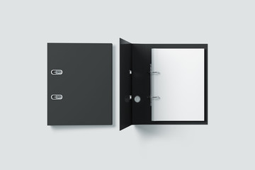 Poster - Blank black ring binder folder design mock up top view, 3d rendering. Self-binder mockup with stack of a4 paper. Office supply cardboard folder branding presentation. Desk lever arch file cover.