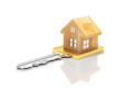 Key with wooden house figure isolated on white background. 3D illustration