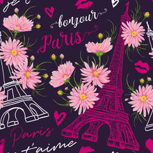 Paris. Vintage Seamless Pattern With Eiffel Tower, Kisses, Hearts And Pink Chamomile Flowers In Watercolor Style. Retro Hand Drawn Vector Illustration. (Translation:Hello Paris I Love You)