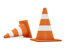 Orange Road Cones With Stripes. 3D Rendering