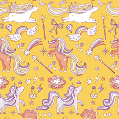 Poster - seamless pattern with funny magic elements. unicorn, wizard and miracle. vector background