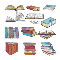 Wall Mural - set of different books. encyclopedia, dictionary and others. doodle vectors illustration