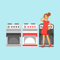 Poster - Young woman choosing an electric stove in home appliance store colorful vector Illustration