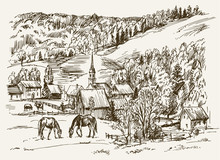 Vintage View Of New England Farm With Horses And Cows, Hand Drawn Vector Illustration.