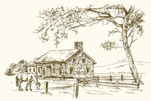 Vintage View Of New England Farm With Horse, Hand Drawn Vector Illustration.