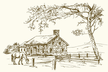 Vintage view of New England farm with horse, hand drawn vector illustration.