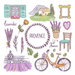Provence hand drawn illustration. French village elements. Lavender, bicycle, furniture and landscapes