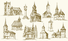 Set Of Old Country Churches. Hand Drawn Vector Illustration.