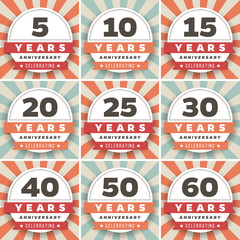 Wall Mural - Vector set of anniversary signs, symbols. 5, 10, 15, 20, 25, 30, 40, 50, 60 years jubilee design elements collection.