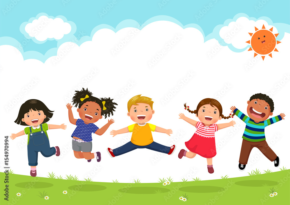 Happy kids jumping together during a sunny day Stock Vector | Adobe Stock
