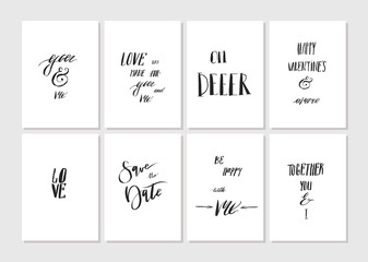 Hand made vector graphic simple Valentines day greeting card set with romantic rough ink calligraphy phases and quotes isolated on white background.Design element,funny quotes for couple.
