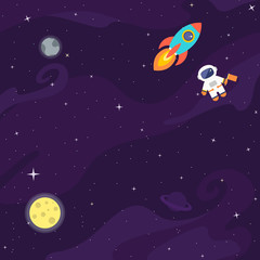 Wall Mural - space flat vector background with astronaut, rocket, spaceship, moon, planets and stars. space for y