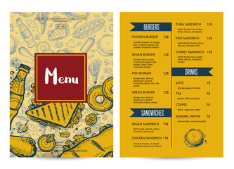 Wall Mural - Restaurant menu brochure with hand drawn graphic. Cafe price catalog, junk food card with snack linear sketches. Fast food vector template with hand drawn pizza, hot dog, chicken, drink pencil doodles