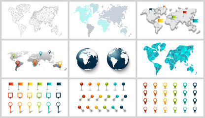 Aufkleber - Vector dotted, connection, polygonal and 3d world map.