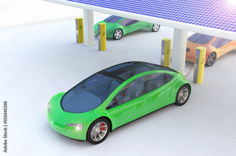 Electric Cars Charging At The Solar Power Charger Station, Eco car ...