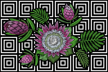 Embroidery floral patch tropical protea blossom. Pink flower exotic leaves fashion print textile decoration stitch stripe geometric vector illustration