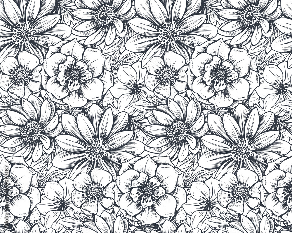 Seamless pattern with hand drawn spring flowers and plants Stock Vector ...