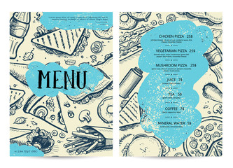 Wall Mural - Restaurant and cafe food menu design. Hand drawn price catalog, junk food card with snack linear sketches. Fast food vector template with hand drawn pizza, hot dog, chicken, drink pencil doodles