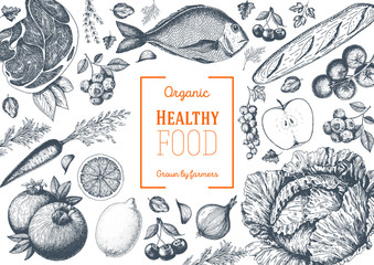 Wall Mural - Healthy food frame vector illustration. Vegetables, fruits, meat hand drawn. Organic food set