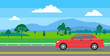 red car on the road landscape background