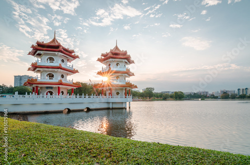 Obraz na plátne Beautiful sunset at Singapore Chinese Garden, a public park in Jurong East, Singapore