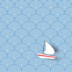 White boat sailing on blue wave sea seamless pattern