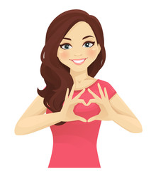 Woman making heart shape with hands isolated.