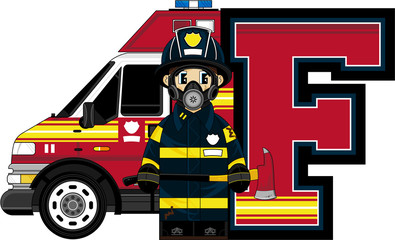 Wall Mural - F is for Fireman Learning Illustration