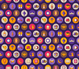 Canvas Print - Seamless pattern with arabic flat icons in circles