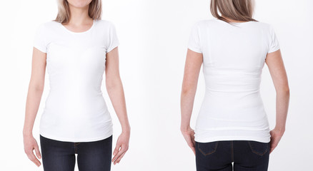 Wall Mural - Shirt design and people concept - close up of young woman in blank white tshirt front and rear isolated. Mock up template for design print