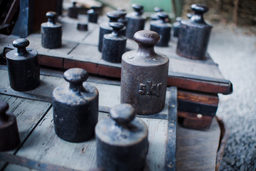 close up on old vintage Old scales and weight in workshop