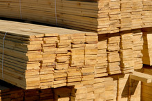 Wooden Planks On Timber Yard, Warehouse Or Sawmill.