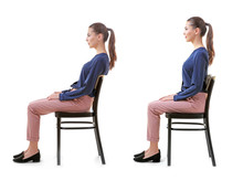 Rehabilitation Concept. Collage Of Woman With Poor And Good Posture Sitting On Chair Against White Background
