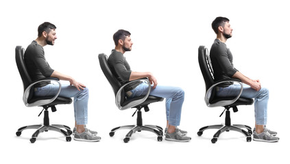 rehabilitation concept. collage of man with poor and good posture sitting in armchair on white backg