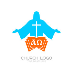 Church logo. Cristian symbols. Jesus Christ, the bible and the letters alpha and omega