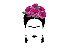 Portrait Of Mexican Or Spanish Woman Minimalist Frida With Earrings Hands And Flowers, Vector Isolated