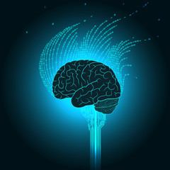 Poster - The brain is connected to the electronics emits binary streams in the form of a flame. Sci-Fi concept of digital biotechnology
