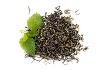 Green and black tea leaves  on white background